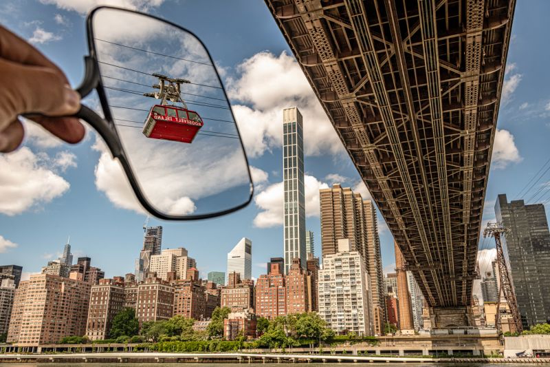 Roosevelt island tram in mirror